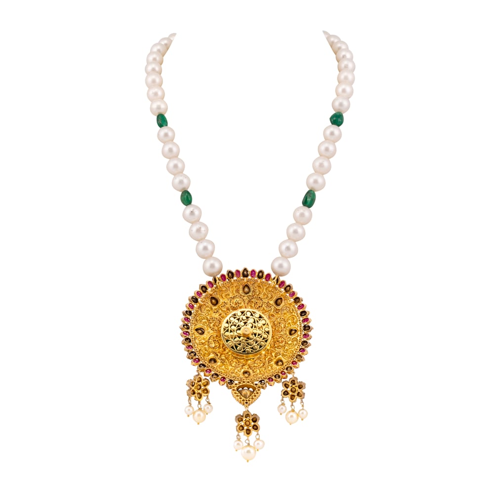 Carved Emerald Pendant Necklace with Rubies and South Sea Pearls
